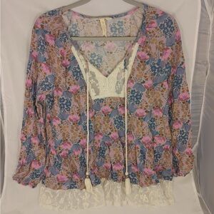 Matilda Jane Floral Boho Blouse with Lace Detail Medium